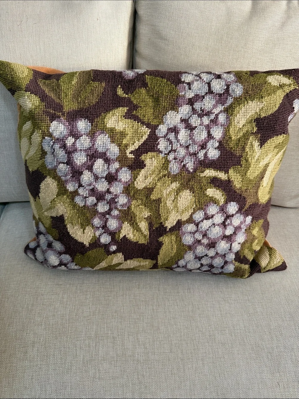 Hand made needle point pillow decorative accent GRAPES 🍇 Green and Purple Floral